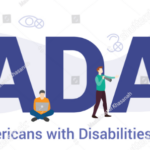 ADA compliance for websites shows the Americans with Disabilities Act logo in dark blue on a light blue background.