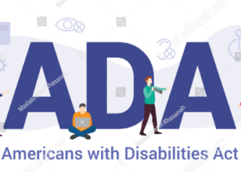 ADA compliance for websites shows the Americans with Disabilities Act logo in dark blue on a light blue background.