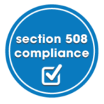 Section 508 compliance text in white on a blue background. A tick mark is below the text.