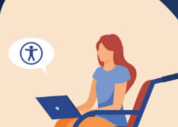 A girl sitting in a wheelchair types on her laptop looking for the guide to web accessibility guidelines. A blue accessibility icon is on the left.