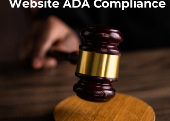 Text in white on a black background reads: Website ADA compliance. A person's hand holds a wooden gavel above a round sound block below the text.