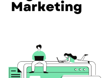 Digital marketing text in bold on the top left. Image below shows two digital marketers working on their laptops.