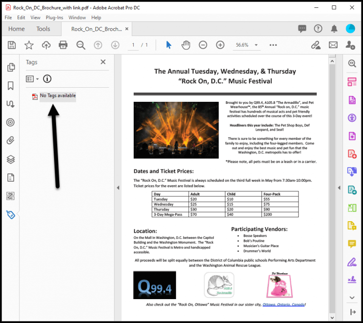 The tags panel of an inaccessible or untagged PDF indicates no tags are available.