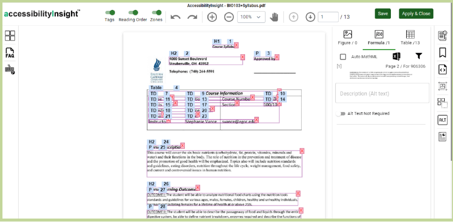 accessibilityInsight Document Editor shows Alt text Tray for Figures, Formula, and Tables. Accessibility elements such as figure, formula, and table are specified.