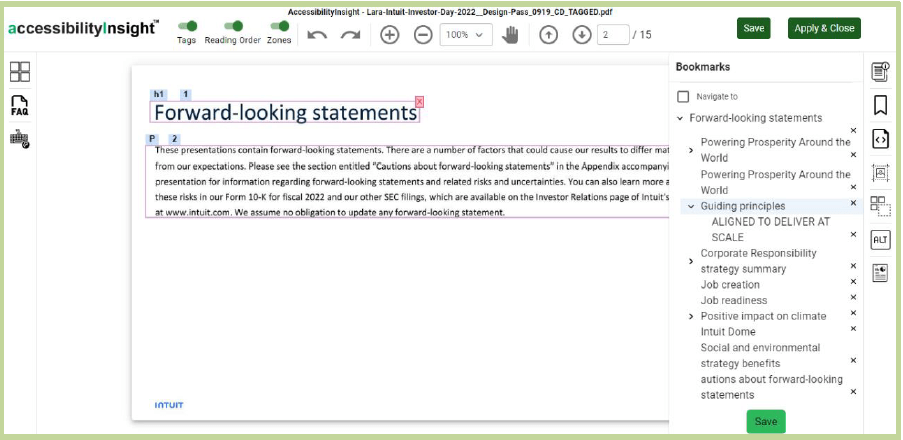 accessibilityInsight Document Editor shows the available bookmarks in a digital document.