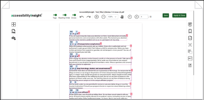 accessibilityReview Document Editor screen shows the tags in a PDF document. Heading, paragraph tags indicate the document is accessible.