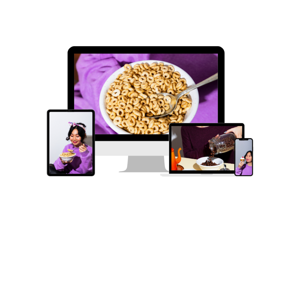 Designers have to know about accessibility to create a website. The screens of four devices shows a bowl of cereal, a girl eating from a bowl of cereal, a person pouring choco chips into a bowl, and a young girl holding up a cupcake.