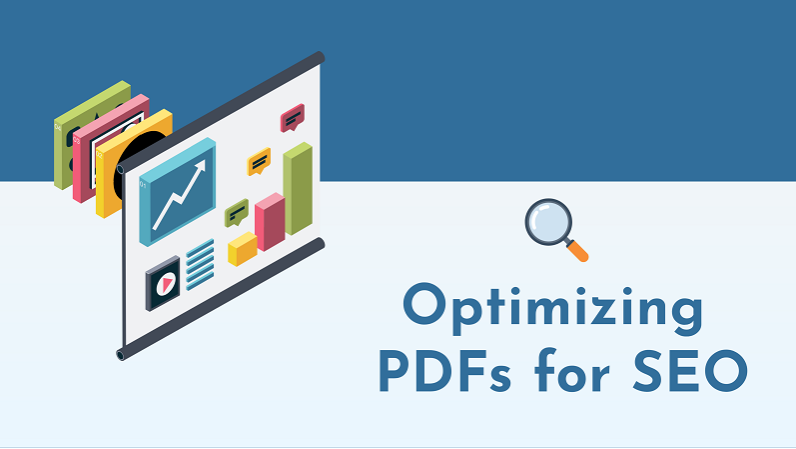 Optimize PDFs for SEO shows a colorful PDF file next to search icon.