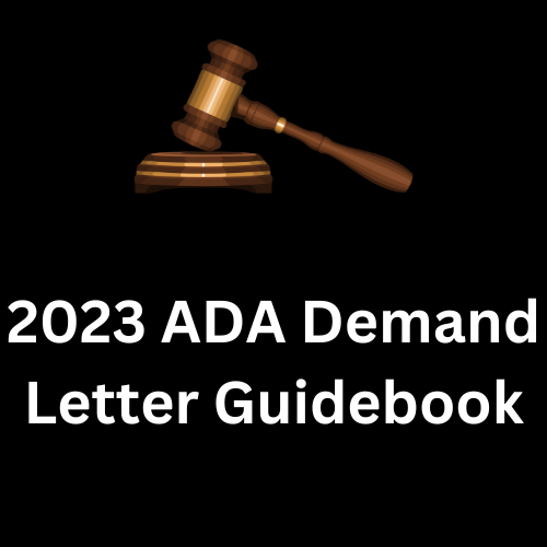 A wooden gavel rests on a circular sounding board. Below white text in bold reads: 2023 ADA Demand Letter Guidebook.