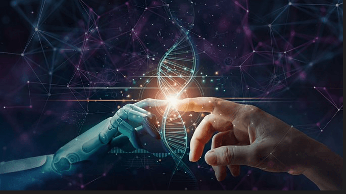 Intelligent document processing depicts a human hand reaching out to touch the fingertip of a robotic hand through a DNA interface.