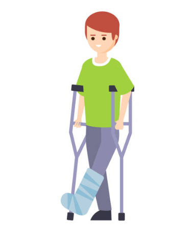 A boy with a cast on his leg walks on crutches.