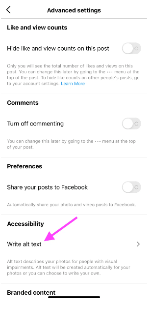 Tips to add accessible Instagram alt text shows advanced settings option. The option to write the alt text is highlighted.