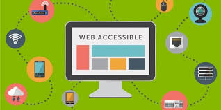 Digital accessibility readiness shows the text 'Web accessible' on the screen of a desktop computer. The computer is surrounded by many icons for internet, smartphone, globe, rain clouds, etc.