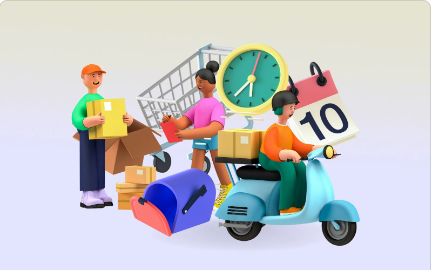 Retail shopping activities shows a shopping cart, a delivery person holding a package with a stack of packages by his feet, an employee checking off items on a writing pad, a clock, a calendar with the date 10, and a delivery guy speeding away on his scooter with a large box strapped on the back seat.