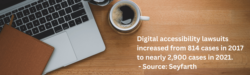 E-Learning keyboard and a brown folder are next to a cup of black coffee. White text in bold on a brown background reads: Digital accessibility lawsuits increased from 814 cases in 2017 to nearly 2,900 cases in 2021. Source: Seyfarth. 