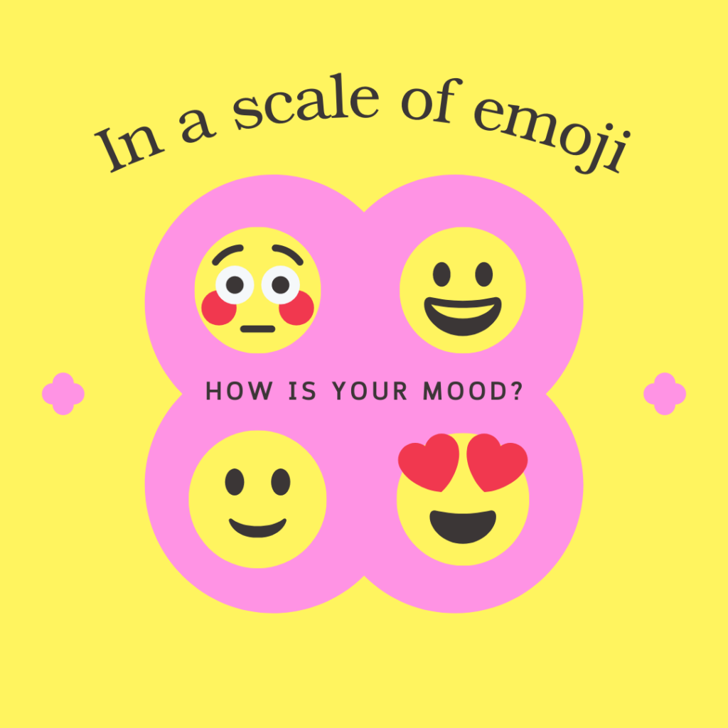 Emojis and accessibility shows four emojis for embarrassed, grinning, smiling, and heart eyes on a yellow background. The text reads: In a scale of emojis how is your mood?
