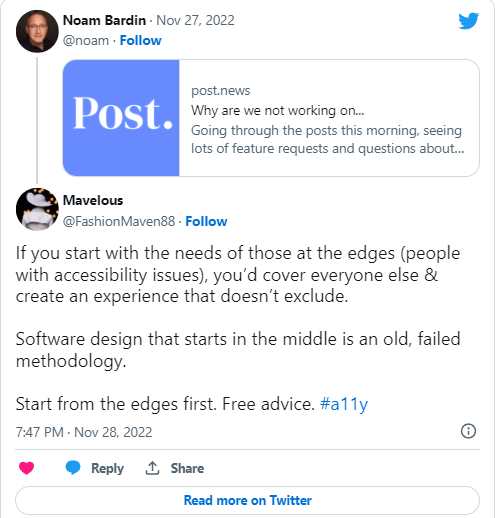 Social media accessibility tips shows a post about inclusive design. Noam Bardin reposts an article in the Post. He replies to a post by Mavelous.