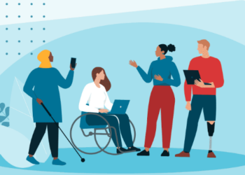 Web accessibility in higher education shows a group of able-bodied students and a student in a wheelchair typing on a laptop.