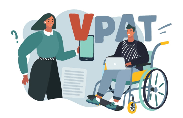 A woman on the left holds out a mobile phone in her hand. The man on the right sits in a wheelchair and balances a laptop on his lap. The letters 'VPAT®' in different colors is spelled out in the center.