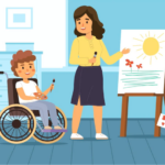 A K-12 Education classroom shows a teacher pointing to a lesson on a whiteboard. A student sits in a wheelchair at the front. Two more students, a boy and a girl stand on either side of the board.