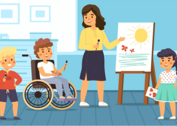A K-12 Education classroom shows a teacher pointing to a lesson on a whiteboard. A student sits in a wheelchair at the front. Two more students, a boy and a girl stand on either side of the board.