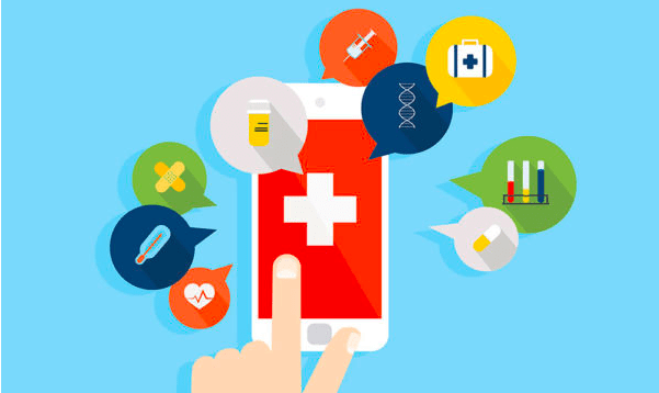 Accessible healthcare apps on a mobile phone. A person's finger points to a Medical plus icon on the screen.