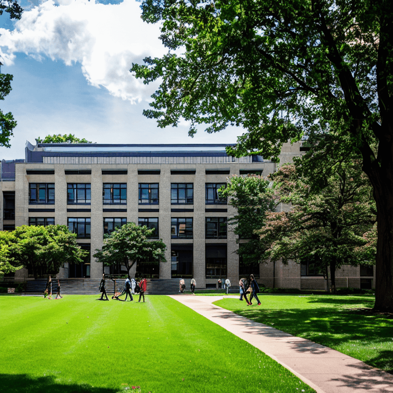 An image for higher education digital accessibility lawsuit shows a verdant campus with students walking towards an academic building.