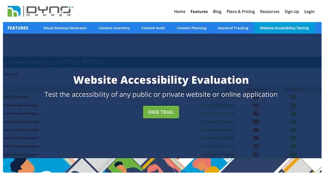 DYNO Mapper web accessibility evaluation tool home screen shows a free trial option to test the accessibility of any public or private website or online application.