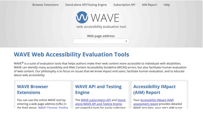 WAVE web accessibility evaluation tool home screen shows the WAVE browser extensions, API and Testing engine, and Accessibility IMpact report.