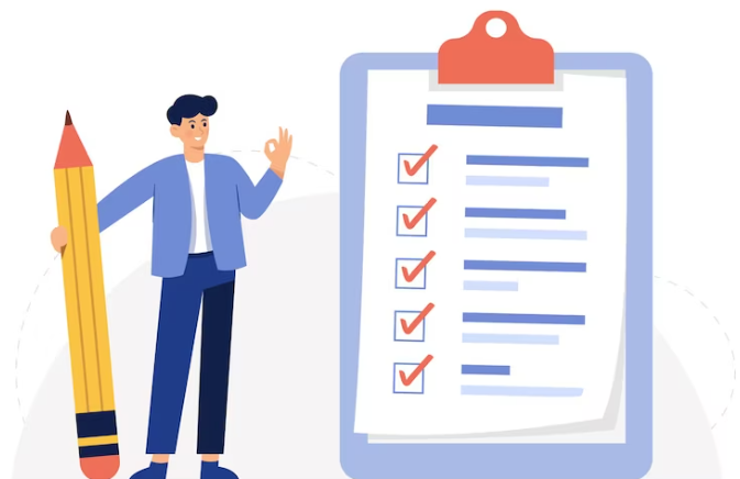 Digital accessibility checklist for local governments shows a man holding a pencil in one hand standing next to a checklist.