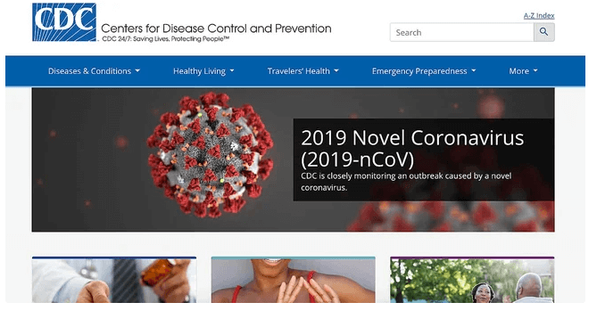 The Centers for Disease Control and Prevention (CDC) home page is displayed.