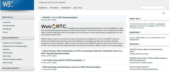 W3C home page shows the about page, W3C blog, and latest updates about Web Content Accessibility Guidelines.